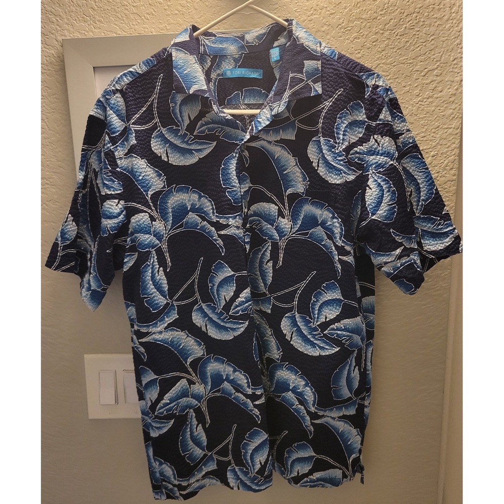 Tori‎ Richard Mens Blue Tropical Leaf Cotton Pucker Lawn Shirt Made in Hawaii L